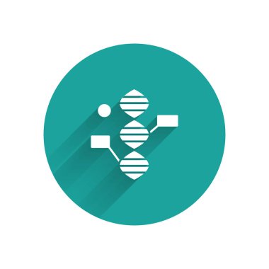 Beyaz DNA sembolü uzun gölgeli izole edilmiş. Yeşil daire düğmesi. Vektör İllüstrasyonu