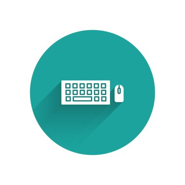 Beyaz Bilgisayar klavyesi ve fare simgesi uzun gölgeli izole edilmiş. Bilgisayar bileşeni işareti. Yeşil daire düğmesi. Vektör İllüstrasyonu