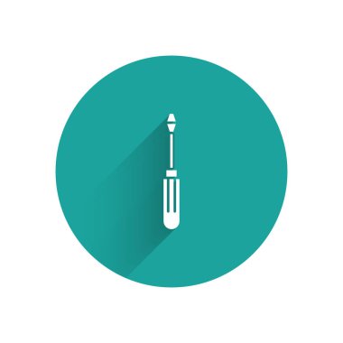 Uzun gölgeli beyaz tornavida simgesi. Servis aracı sembolü. Yeşil daire düğmesi. Vektör İllüstrasyonu