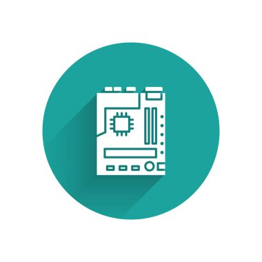 Beyaz Elektronik bilgisayar bileşenleri ana kart dijital çip entegre bilim ikonu uzun gölgeli izole. Devre kartı. Yeşil daire düğmesi. Vektör İllüstrasyonu