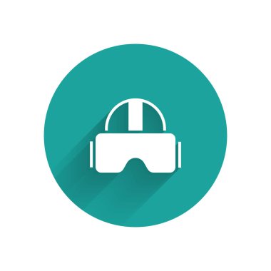 Uzun gölgeli beyaz sanal gerçeklik gözlüğü simgesi. Stereoskopik 3D VR maskesi. Yeşil daire düğmesi. Vektör İllüstrasyonu