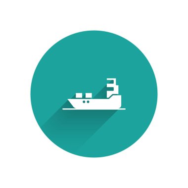 Beyaz petrol tankeri ikonu uzun gölgeli izole edilmiş. Yeşil daire düğmesi. Vektör İllüstrasyonu