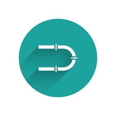 Beyaz Sanayi metalik boru ikonu uzun gölgeli izole edilmiş. Yeşil daire düğmesi. Vektör İllüstrasyonu