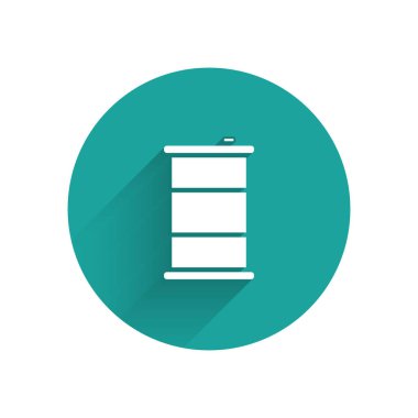 Beyaz Varil yağ ikonu uzun gölgeli izole edilmiş. Yeşil daire düğmesi. Vektör İllüstrasyonu