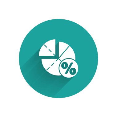 Beyaz Grafik, çizelge, grafik, diyagram, bilgi grafiği, uzun gölgeli turta grafik simgesi. Yeşil daire düğmesi. Vektör İllüstrasyonu