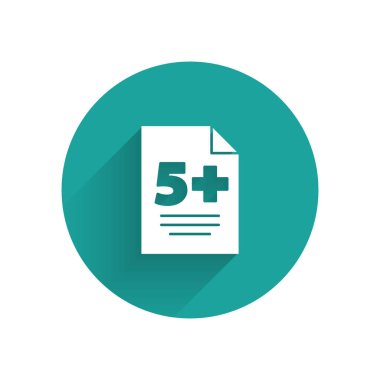 Beyaz Test veya sınav kağıdı simgesi uzun gölgeli izole edilmiş. Sınav kağıdı, sınav ya da araştırma konsepti. Yeşil daire düğmesi. Vektör İllüstrasyonu