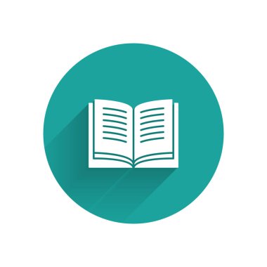Beyaz Açık Kitap simgesi uzun gölgeyle izole edildi. Yeşil daire düğmesi. Vektör İllüstrasyonu