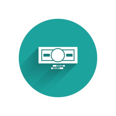 White Stacks kağıt para ikonu uzun gölgeli izole. Para desteleri. Para birimi. Yeşil daire düğmesi. Vektör İllüstrasyonu