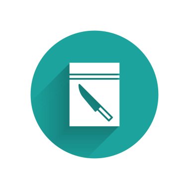 Beyaz kanıt torbası ve uzun gölgeli bıçak ikonu. Yeşil daire düğmesi. Vektör İllüstrasyonu