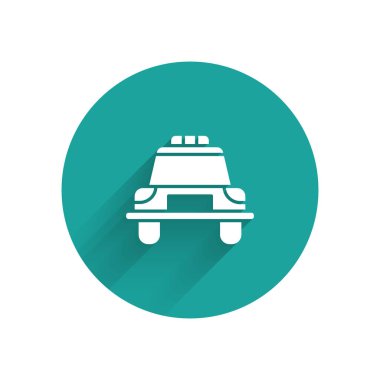 Beyaz polis arabası ve polis teşhircisi ikonu uzun gölgeli izole edilmiş. Acil durum sireni. Yeşil daire düğmesi. Vektör İllüstrasyonu