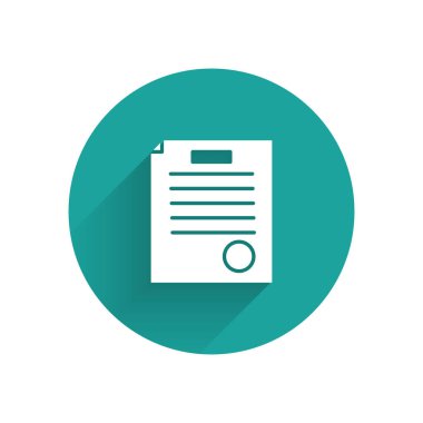 Beyaz, tutuklama emri simgesi uzun gölgelerle izole edildi. Arama emri, polis raporu, mahkeme celbi. Adalet kavramı. Yeşil daire düğmesi. Vektör İllüstrasyonu