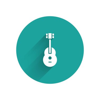 Beyaz Gitar ikonu uzun gölgeli izole edilmiş. Akustik gitar. Telli müzik aleti. Yeşil daire düğmesi. Vektör İllüstrasyonu