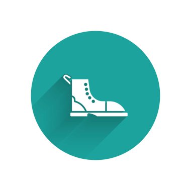 Beyaz Yürüyüş bot simgesi uzun gölgeli izole edilmiş. Yeşil daire düğmesi. Vektör İllüstrasyonu