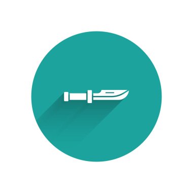 Beyaz Kamp bıçağı ikonu uzun gölgeli izole edilmiş. Yeşil daire düğmesi. Vektör İllüstrasyonu