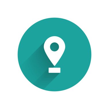 Beyaz Harita iğne simgesi uzun gölgeli. Navigasyon, işaret, konum, harita, GPS, yön, yer, pusula, arama konsepti. Yeşil Çember Vektör İllüstrasyonu