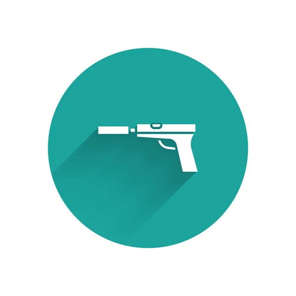 Witte Pistol Pistool Met Geluiddemper Pictogram Geïsoleerd Met Lange Schaduw — Stockvector