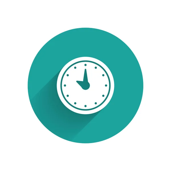 Biała Ikona Zegara Wyizolowana Długim Cieniem Symbol Czasu Przycisk Zielony — Wektor stockowy