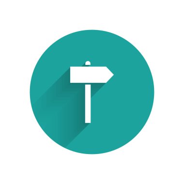 Beyaz Yol trafik tabelası. İşaret direği simgesi uzun gölgeyle izole edildi. İşaretçi sembolü. Sokak bilgi tabelası. Yön tabelası. Yeşil daire düğmesi. Vektör İllüstrasyonu