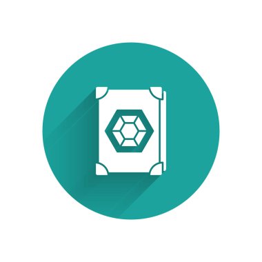 Beyaz Eskiler 'in sihirli kitabı. Simya tarifleri, mistik büyüler ve uzun gölgeli büyülü ikonlar. Yeşil daire düğmesi. Vektör İllüstrasyonu