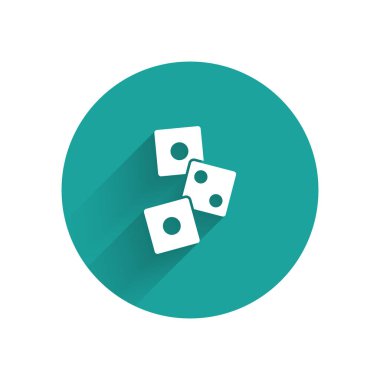 White Game dice icon isolated with long shadow. Casino gambling. Green circle button. Vector Illustration