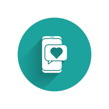 White Online flört uygulaması ve sohbet simgesi uzun gölgeli izole edilmiş. Uluslararası Mutlu Kadınlar Günü. Yeşil daire düğmesi. Vektör İllüstrasyonu