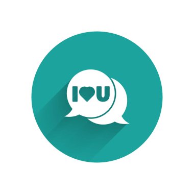 Yazılı beyaz konuşma balonu. Seni seviyorum. Uzun gölgeli bir ikon. 8 Mart. Uluslararası Mutlu Kadınlar Günü. Yeşil daire düğmesi. Vektör İllüstrasyonu