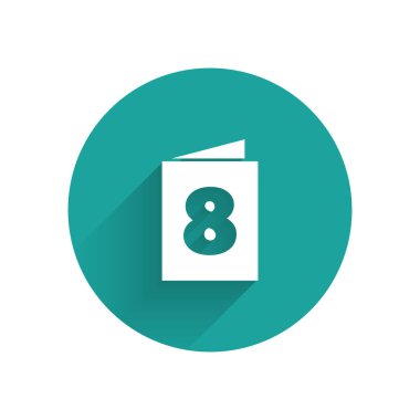 Üzerinde 8 Mart simgesi olan uzun gölgeli beyaz tebrik kartı. Uluslararası Mutlu Kadınlar Günü. Yeşil daire düğmesi. Vektör İllüstrasyonu