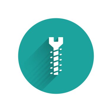 Beyaz Metalik vida ikonu uzun gölgeli izole edilmiş. Yeşil daire düğmesi. Vektör İllüstrasyonu