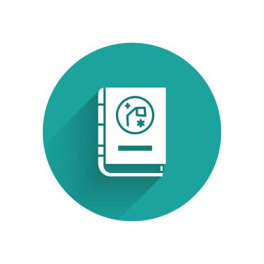 Astronomi ikonu tarafından izole edilmiş beyaz kitap. Yeşil daire düğmesi. Vektör İllüstrasyonu