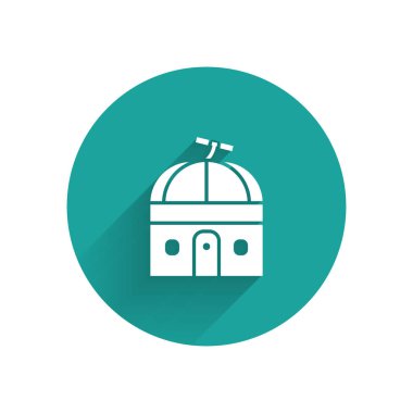 White Astronomical observatory icon isolated with long shadow. Observatory with a telescope. Scientific institution. Green circle button. Vector Illustration