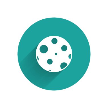 Beyaz Ay simgesi uzun gölgeli izole edilmiş. Yeşil daire düğmesi. Vektör İllüstrasyonu