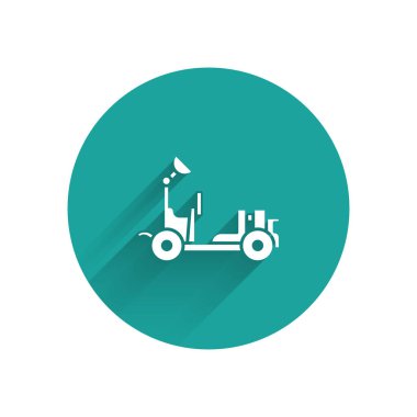 Beyaz Mars gezgin ikonu uzun gölgeli izole edilmiş. Uzay aracı. Ay yürüyüşü işareti. Gezegen yüzeyini incelemek için bir cihaz. Yeşil daire düğmesi. Vektör İllüstrasyonu