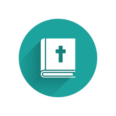 Uzun gölgeli beyaz kutsal İncil ikonu. Yeşil daire düğmesi. Vektör İllüstrasyonu