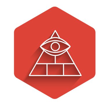 Beyaz çizgi Masonları, Tanrı 'nın her şeyi gören ikonunun uzun gölgesi ile izole edilmiş gözleridir. Üçgendeki Tanrı 'nın Gözü. Kırmızı altıgen düğmesi. Vektör İllüstrasyonu