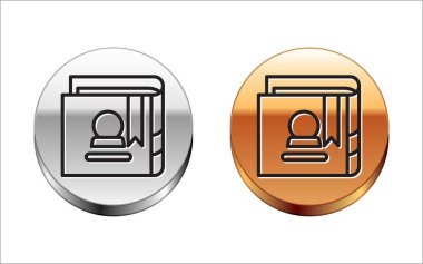 Siyah çizgi üzerinde simya tarifleri, mistik büyüler ve beyaz arka planda izole edilmiş büyü simgeleri olan Eskiler 'in sihirli kitabı. Gümüş-altın halka düğmesi. Vektör İllüstrasyonu