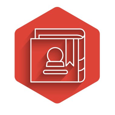 Beyaz çizgi üzerinde simya tarifleri, mistik büyüler ve uzun gölgeli büyü simgeleri olan Eskiler 'in sihirli kitabı. Kırmızı altıgen düğmesi. Vektör İllüstrasyonu