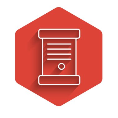 Beyaz çizgi fermanı, kağıt, parşömen, parşömen simgesi uzun gölgeli izole edilmiş. Kırmızı altıgen düğmesi. Vektör İllüstrasyonu