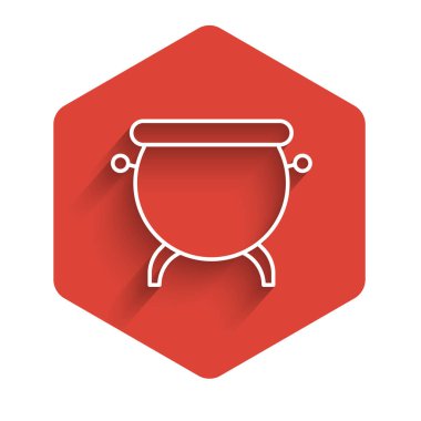 Beyaz çizgi cadı kazanı ikonu uzun gölgeli izole edilmiş. Mutlu Cadılar Bayramı Partisi. Kırmızı altıgen düğmesi. Vektör İllüstrasyonu