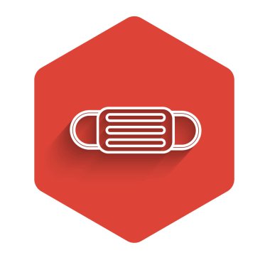 Beyaz çizgi tıbbi koruyucu maske ikonu uzun gölgeli izole edilmiş. Kırmızı altıgen düğmesi. Vektör İllüstrasyonu