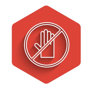 Beyaz çizgi. Uzun gölgeli el sıkışma simgesi yok. Virüs önleme konsepti için el sıkışma yok. El sıkışırken bakteri. Kırmızı altıgen düğmesi. Vektör İllüstrasyonu