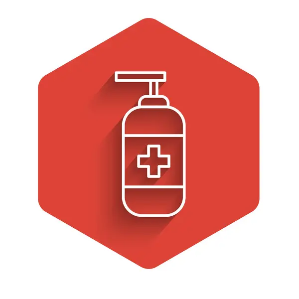 白线瓶液体抗菌肥皂与配药图标分离与长影 防腐剂消毒 护肤红色六角形按钮 病媒图解 — 图库矢量图片