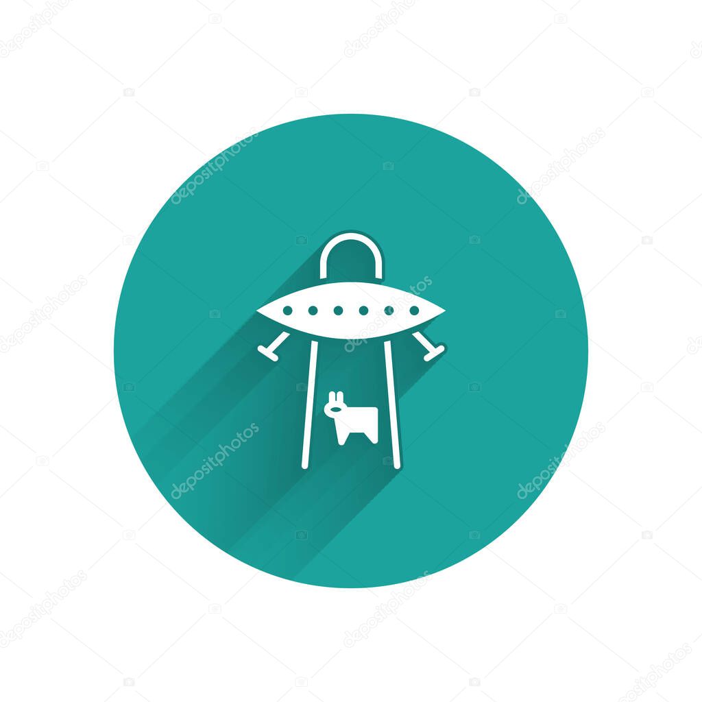 White UFO abducts cow icon isolated with long shadow. Flying saucer. Alien space ship. Futuristic unknown flying object. Green circle button. Vector Illustration