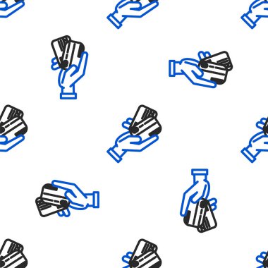 Kredi kartı ikonu olan çizgi insan eli beyaz arka planda izole edilmiş pürüzsüz desen. Çevrimiçi ödeme. Kartla öde. Finansal operasyonlar. Renkli taslak konsepti. Vektör