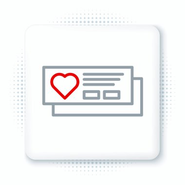 Beyaz arka planda kalp ikonu olan bir bilet. Kalple biniş kartı. Renkli taslak konsepti. Vektör