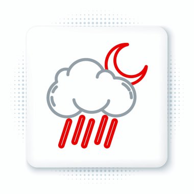 Yağmur ve ay ikonuna sahip çizgi bulutu beyaz arka planda izole edildi. Yağmur damlaları ile yağmur bulutu yağışı. Renkli taslak konsepti. Vektör