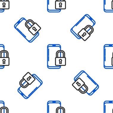 Kapalı asma kilit simgesine sahip çizgi akıllı telefonu beyaz arkaplanda izole edilmiş pürüzsüz desen. Kilitli telefon. Gezici güvenlik, güvenlik, koruma konsepti. Renkli taslak konsepti. Vektör