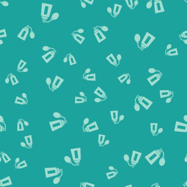 Yeşil traş losyonu şişesi, yeşil arka planda izole edilmiş atomizör ikonu. Parfüm spreyi ikonu. Erkek parfüm şişesi. Vektör İllüstrasyonu