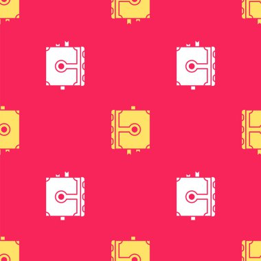 Simya tarifleri, mistik büyüler ve efsunlar içeren sarı Kadim büyü kitabı kırmızı arkaplanda izole edilmiş kusursuz desen. Vektör İllüstrasyonu