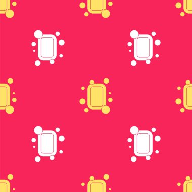 Sarı sabun simgesi kırmızı arkaplanda izole edilmiş. Köpüklü sabun çubuğu. Vektör İllüstrasyonu