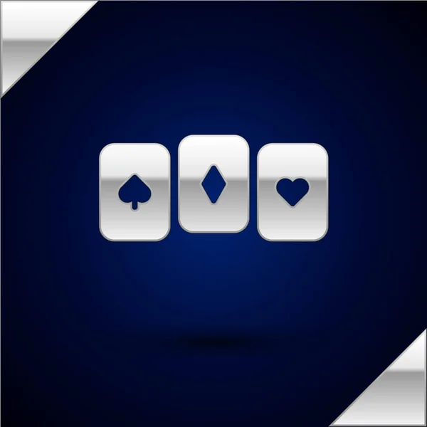 Zilveren Speelkaarten Pictogram Geïsoleerd Donker Blauwe Achtergrond Casino Gokken Vector — Stockvector